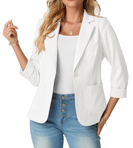 Image of GRECERELLE Womens Blazer Suit Elegant 3/4 Sleeve Notch Lapels Collar Jackets Business Work Office Cardigans Jacket Suiting & Blazers with Pockets Button for Ladies (White, 20)