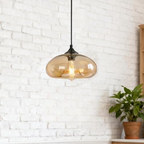 Image of 28cm Amber Glass Pendant Light Industrial Vintage Design Suitable for Kitchen Island, Bedroom, Dining Room Adjustable Height E27 Bulb Compatible (Amber)