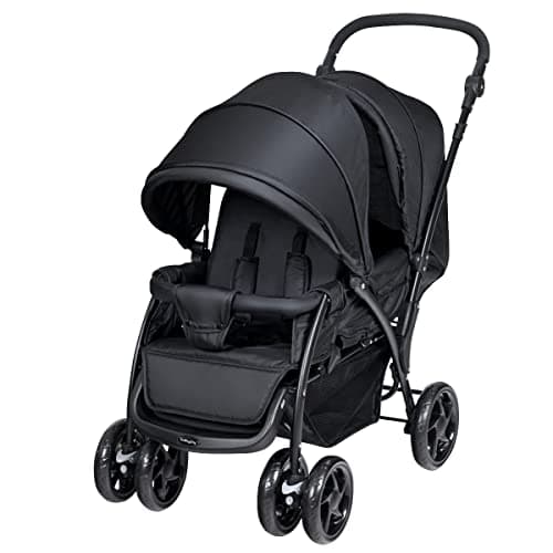 Image of COSTWAY Double Pushchair, Foldable Twin Tandem Stroller with Adjustable Backrest, Push Handle & Footrest, 5 Points Safety Belts, Sunshade & Storage Basket, for from Birth to 15kg (Black)