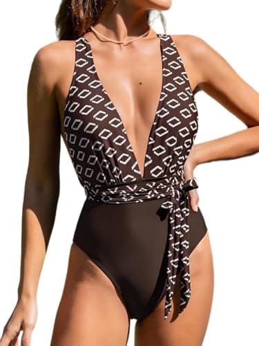 Image of CUPSHE Women's One Piece Swimsuit Deep Plunge Crisscross Back Self Tie Swimwear Bathing Suit Swimming Costume Brown Geometric S
