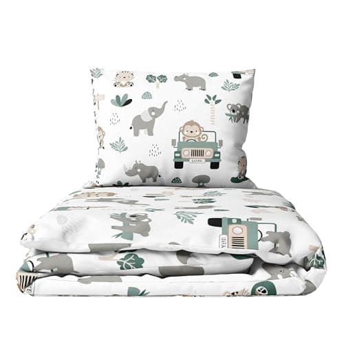 Image of Baby Comfort 2-Piece Toddler Duvet & Pillow Set - 100x75 cm - 100% Cotton Breathable Fabric - Machine Washable Quilted Bedding for Cot Bed 12M+ (Safari Cars)