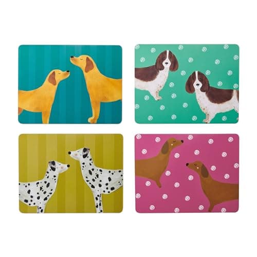 Image of Creative Tops Dog Print Set of 4 Rectangle Placemats cork back Heat-Resistant Stain-Resistant Surface Protector to 120°C Luxury Lacquered Surface Easy Wipe Clean Qirky Multicolour Mats 30 x 22 cm