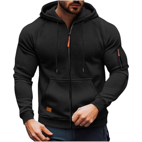 Image of Mens Hoodies Zip up Casual Cargo Military Jacket Full Zip Hooded Sweatshirt Long Sleeve Plain Gym Tactical Sweatshirts Outdoor Sport Hoodie with Pockets Black Full Zip Sweatshirt Mens L