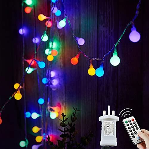 Image of Fairy Lights Plug in 120 LEDs, 12M/39ft Globe String Lights Mains Powered, 8 Modes with Remote Timer Control Christmas Lights Outdoor/Indoor for Bedroom, Party, Wedding Decorations (Multi-Coloured)