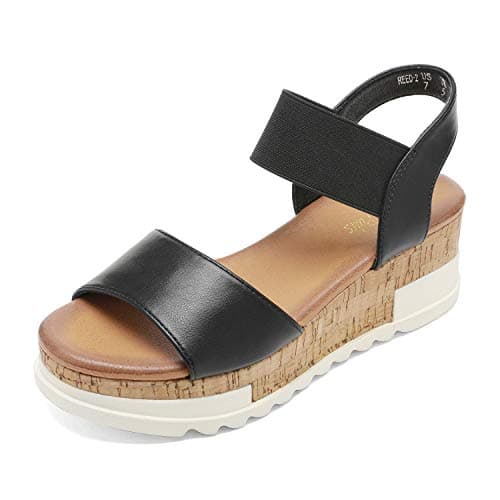 Image of DREAM PAIRS Womens Elastic Strappy Wedge Sandals Platform Open Toe Summer Beach Low Wedges Shoes,Size 8,Black,Reed-1
