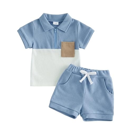 Image of Carolilly Toddler Boys Waffel Outfits Short Sleeve Contrast Half Zipper Turn Down Collar Top Tshirt + Solid Shorts Set 2Pcs Tracksuit Baby Boys Summer Clothes (Blue, 2-3 Years)