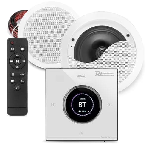 Image of Power Dynamics Powerline Bluetooth Bathroom Ceiling Speaker Audio System with In-Wall Amplifier, Touch LCD, 2x 6.5 Moisture-Resistant Speakers, Speaker Cable – Complete Home Audio Ceiling Install Kit