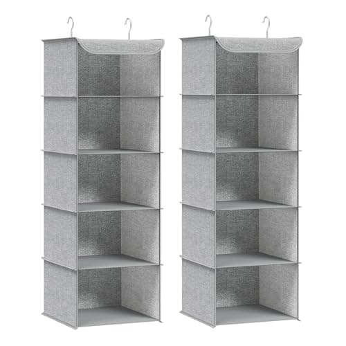 Image of SONGMICS Hanging Wardrobe Storage Organisers, Set of 2, Hanging Storage Shelves, Foldable Wardrobe Clothes Organisers, Space-Saving, Metal Hooks, Bamboo Inserts, Linen Pattern, Light Grey RCH005W02