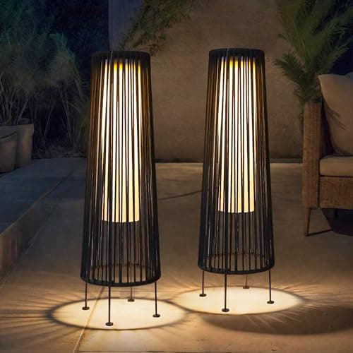Image of TRIROCKS 68 cm H Outdoor Floor Lamp 2 Pcs Solar Powered Lantern Wicker Solar Patio Lamp with Olefin Rope Waterproof Rattan LED Deck Light Garden Outside Light for Porch Yard Pathway Patio Lawn (Black)