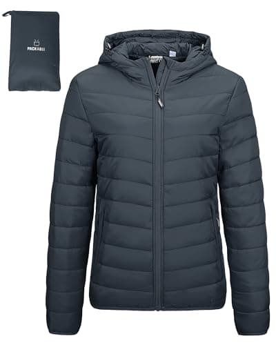 Image of Outdoor Ventures Women's Winter Lightweight Puffer Jacket with Hood, Warm, Short, Packable, Quilted, Transitional, Padded Jacket for Ladies, Lined for Hiking, Travel Dark Grey M
