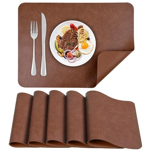 Image of APLKER Placemats Set of 6, Waterproof Washable Table Mats Set of 6, PU Faux Leather Place Mats Heat Resistant Dual Sided Placemat for Dining Table Indoor Outdoor - 16.9 * 11.8 Inch (Brown)