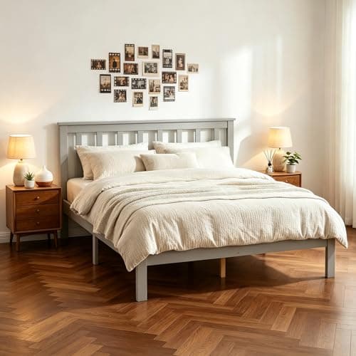 Image of Panana Double Bed, 4ft6, Bed Frame, Solid Pine Wood, Headboard, Low Foot End, Bedroom Furniture (Grey)