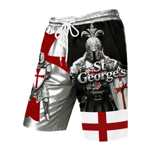 Image of SXcggal Mens St Georges Day Shorts England Flag Knight Cross Print Athletic Running Trunks Casual Beach Swim Shorts Novelty Graphic Pattern Loose Fit Gym Sports Wear Men Summer Fashion,Red,M