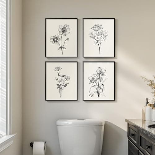 Image of Framed Black and White Bathroom Wall Art, 4 Piece Vintage Floral Canvas Prints Artwork for Farmhouse, Rustic Minimalist Flower Botanical Pictures for Bedroom Living Room Wall Decor, 8x10x4 (Pack)