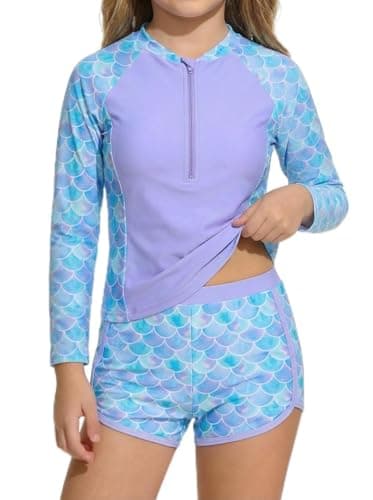 Image of JiAmy Girls Swimsuit 2 Piece Rash Guard Set Long Sleeve UV Sun Protection Swimwear with Shorts Half Zip Mermaid Unicorn Flamingo Floral Bathing Suit 6-7 Years,Blue Mermaid