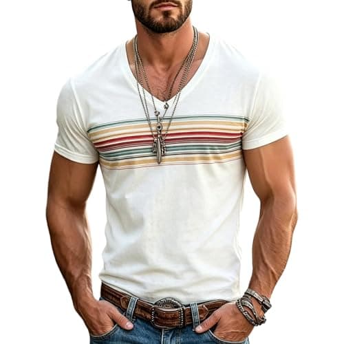 Image of Men's Sport T-Shirt - Short Sleeve Shirt with Round Neck Horizontal Distressed Effect for Casual Style in Soft and Comfortable Blend Base, white, M
