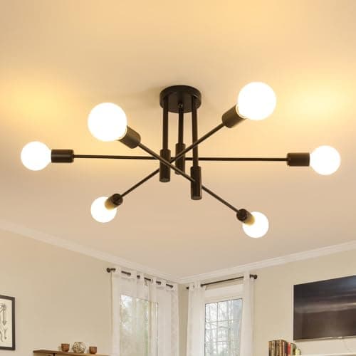 Image of Comely Modern Sputnik Chandelier Ceiling Light, 6-Lights Semi Flush Mount Ceiling Lights with E27 Base, Black Adjustable Ceiling Lights for Living Room, Bedroom, Dining Room, Kitchen