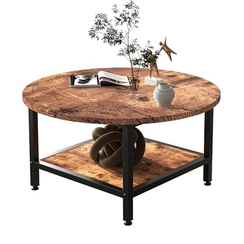 Image of ARFARLY Round Coffee Table for Living Room, 2 Tier Coffee Tables with Storage Shelf, Modern Farmhouse Circle Center Table with Sturdy Metal Frame Home Furniture, Rustic Brown