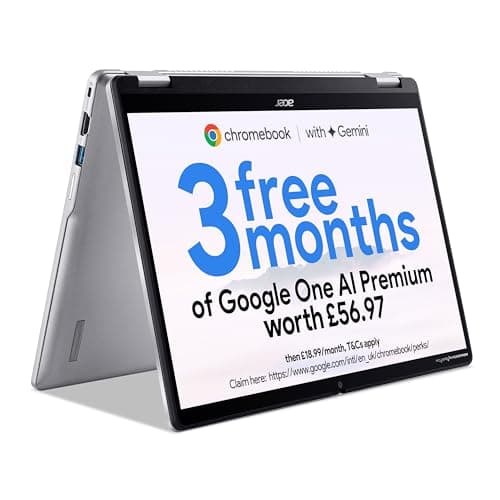 Image of acer Chromebook Spin 314 CP314-2HN Convertible Laptop - Intel N100, 4GB, 128GB eMMC, Integrated Graphics, 14" WUXGA Touchscreen, Chrome OS, Silver