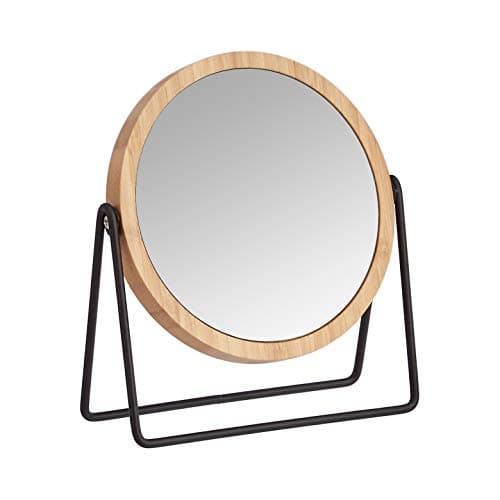 Image of Amazon Basics Round Tabletop Mount Dressing Table Mirror with Silver and Bamboo Rim-1X/5X Magnification, 18.3 x 7.3 x 20.7 cm
