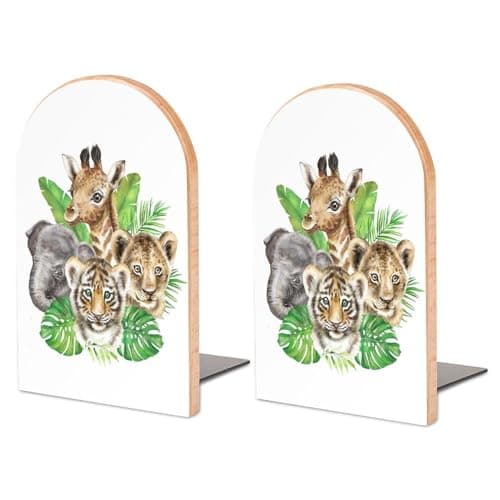 Image of Safari African Animals Book Ends Heavy Duty Wood Bookend Supports for Shelves to Hold Books Decorative Non-Slip Sturdy Book Stand for Home Office School