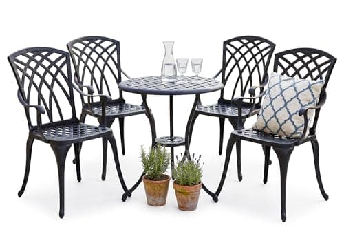 Image of Centurion OSHOWA Outdoor Bistro Set – 5 Piece Cast Aluminium Patio Dining Set with Round Table and 4 Armchairs, Rust-Resistant French Basketweave Design, Black