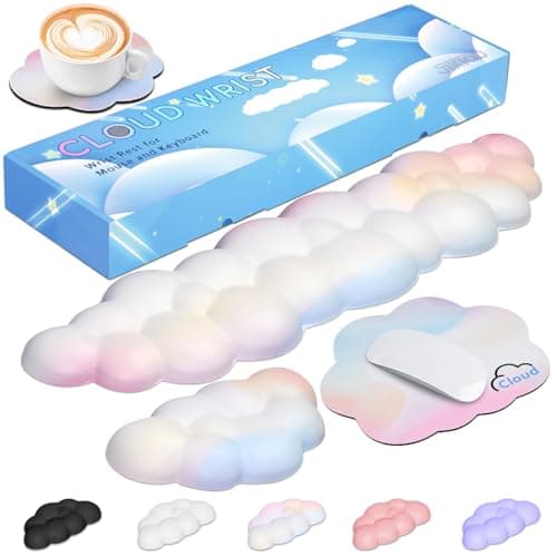 Image of JIKIOU Cloud Wrist Rest Keyboard Palm Rest Set with Non-Slip PU Base, Upgrade Leather Memory Foam Wrist Support Keyboard Arm Rest for Computer Laptop Mac Gaming, Rainbow