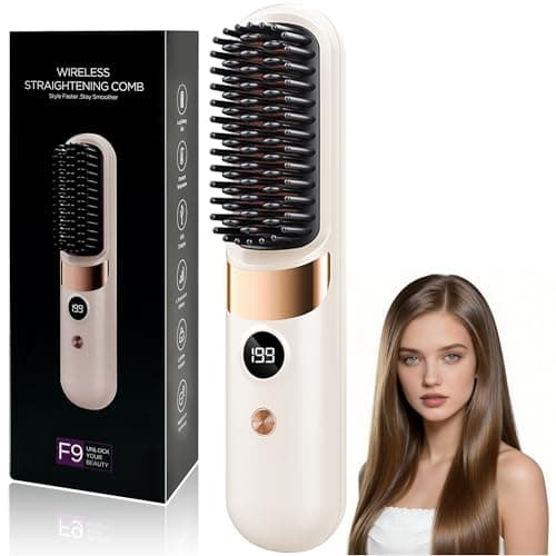 Image of DONGTATA Wireless Hair Straightener Brush Hair Straightening Comb Portable Rechargeable Hair Styling Brush with LED Display 4 Heat Modes Ceramic Anti Scald for Travel & Everyday Use (Cream White)
