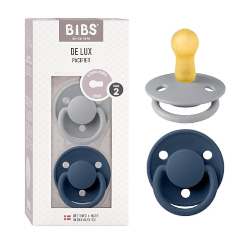 Image of BIBS De Lux Dummies 2-Pack, BPA Free Dummy Pacifier, Round Nipple. Natural Rubber Latex, Size 2 (6-18 Months), Cloud/Steel Blue