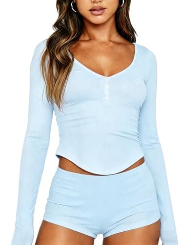 Image of Dressmine Lounge Sets for Women Ribbed Blue Sexy Pjs Soft V Neck Curved Hem Sleepwear Two Piece Lounge Set Spring Fashion
