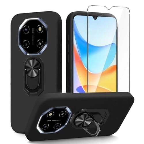 Image of MIBZOR 3-in-1 Black Case Compatible with Blackview Shark 6 (6.88"), Phone Case and 1 x Tempered Glass Screen Protector with 1 x Finger Ring Kickstand, Soft Silicone Flexible TPU Protective Cover