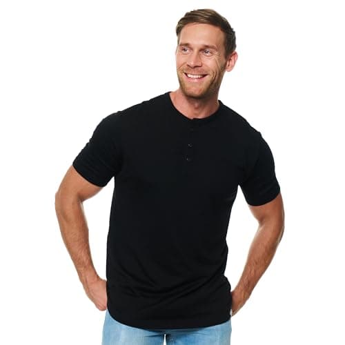Image of Merino tech. 100% Merino Short Sleeve Shirts Men, Henley T-Shirt Mens, Shirt with Pocket - Soft & Breathable (Large, Black Henly)