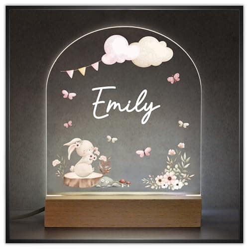 Image of Beecreative Personalised Baby Girl Gifts - Custom LED Nursery Night Light - Girls Rabbit Bedroom Lamp with Childs Name