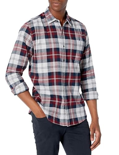 Image of Amazon Essentials Men's Long-Sleeved Flannel Shirt, Burgundy Grey Plaid, L
