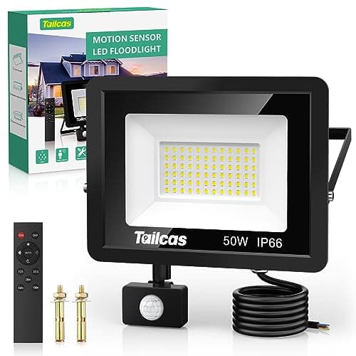 Image of Tailcas 50W Security Lights with Motion Sensor, 4500LM PIR Security Light, IP66 Waterproof Outdoor Lights with Remote Control, Outside Floodlights for Garden, Backyard, Garage, Black