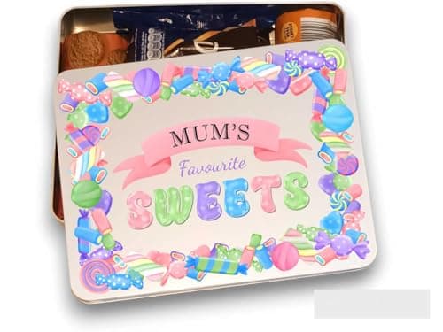 Image of Large Personalised Sweet Tin perfect for mum dad nana grandad friend teacher work with sweet assortment design
