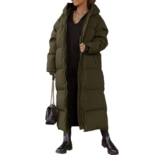 Image of EsukAr Women Long Quilted Coat Hooded Maxi Length Long Sleeve Puffer Jacket Padded Coat Winter Outerwear,Army green,L