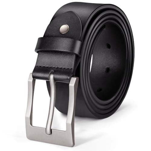 Image of J.Fée 1Pc Mens Belts Leather, Black Leather Belt for Men, 1.41" Mens Black Belt with Silver Brushed Buckle, Men Belts for Jeans, Trousers, Work or Casual Wear, 130CM