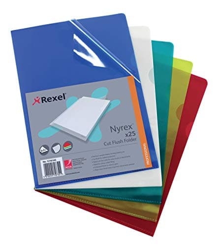 Image of Rexel Nyrex Premium A4 Document Folder, Assorted Colours, Embossed, 100mic, Cut Flush, L-Folder, Pack of 25, 12161AS