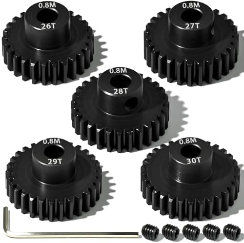 Image of 5Pcs 0.8M Hardened Steel Pinion Gear Set 5mm Shaft 26T 27T 28T 29T 30T Motor Pinion Gear with M4 Screw and Hex Key, for Arrma HPI Kyosho Losi Axial Traxxas Tamiya 1/10 RC Car and 540/550 Motors