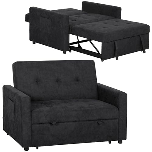 Image of HOMCOM 2 Seater Sofa Bed, 120 cm Convertible Bed Settee, Modern Fabric Loveseat Sofa Couch with 2 Cushions, Side Pockets for Living Room, Guest Room, Black