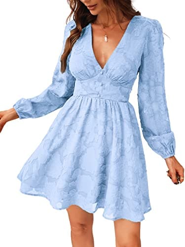Image of CUPSHE Women's Lace Mini Dress Long Sleeve Floral Print A Line Dress for Party Bodycon Dress Light Blue A S
