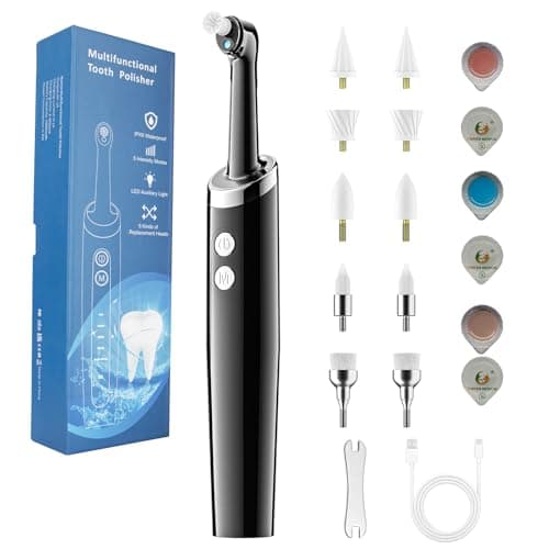 Image of InFanso Tooth Polisher Plaque Remover for Teeth, Teeth Whitening Kit with 10 Brush Heads & 6 Polishing Pastes, 5 Smart Modes to Effectively Remove Stains, Yellowing and Plaque, Rechargeable, Black