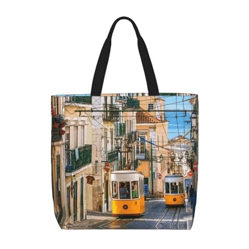 Image of ZKZBDPLK Lisbon Tram Print Stylish Single Shoulder Tote Bag â€“ Spacious, Lightweight, And Water-Resistant For Everyday Use