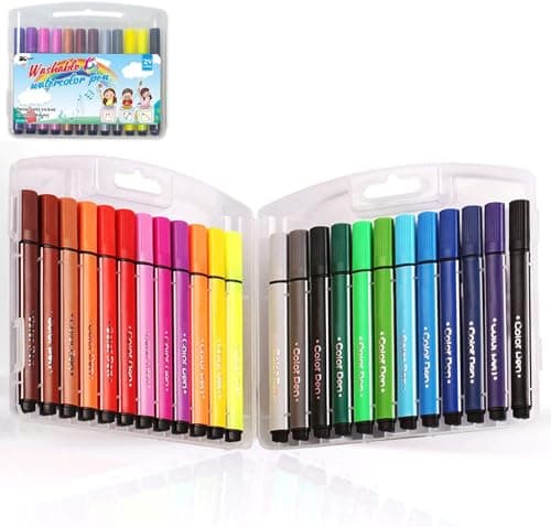 Image of KXF Washable Felt Tip Colouring Pens Set for Children Non-toxic Thick Fibre Tip Chunky Pens with Case Box for Colouring Book Drawing Gift - 24 Assorted Colours - Ages 3 Years Plus