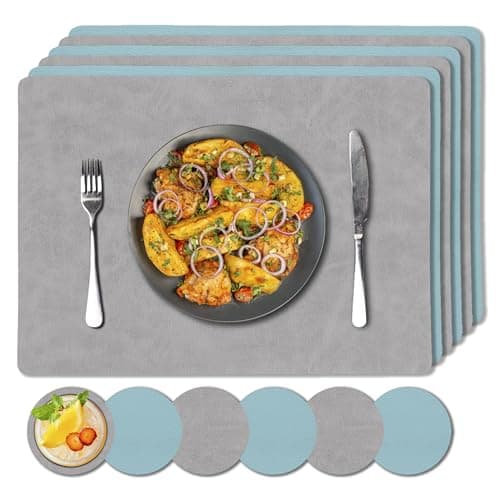 Image of Dual Sided Placemats and Coaster Sets 6 | Faux Leather Table Mats and Coasters | Place Mats For Table 6 - Wipeable Placemats Heat Resistant Place Mat Indoor/Outdoor (Light Grey/Light Blue)