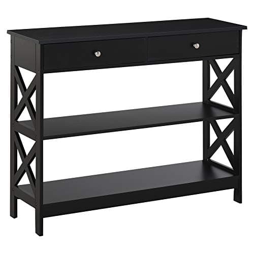 Image of HOMCOM Console Table Side Desk w/Shelves Drawers Open Top X Support Frame Living Room Hallway Home Office Furniture Black