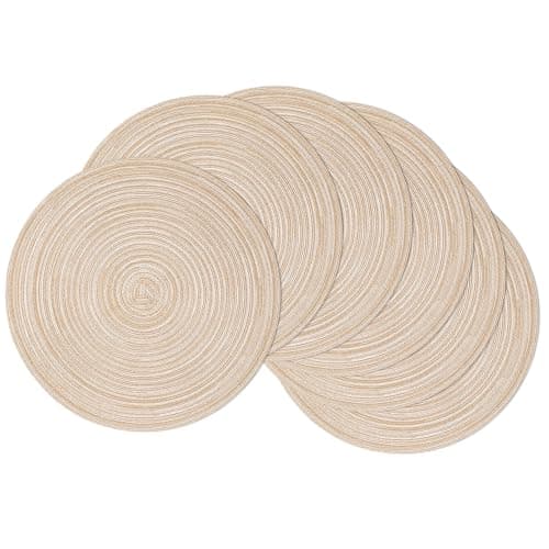 Image of SHACOS 38cm Round Placemats Set of 6 Braided Woven Place Mats Washbale Table Placemat Round Heat Resistant Table Mats for Kitchen Dining Home Restaurant, Beige