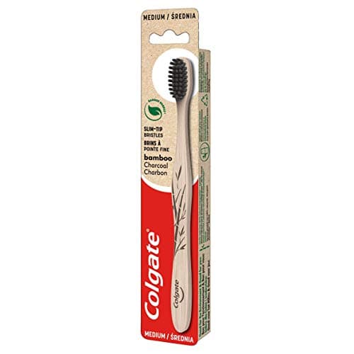 Image of COLGATE - Bamboo Toothbrush with Charcoal Infused Strands - Medium Toothbrush - Handle Made from Biodegradable Bamboo, 100% Natural - Promotes Good Oral Health
