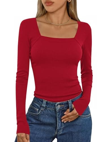 Image of Aottori Women's Long Sleeve Tops Ladies Square Neck Jumpers Top Ribbed Knit Slim Fit Tee Casual Soft Plain Basic T-Shirt Blouse Red L